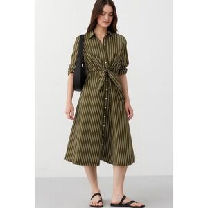 Banana Republic Tie Waist Midi Shirt Dress XXS Olive Green Stripe Feminine Chic